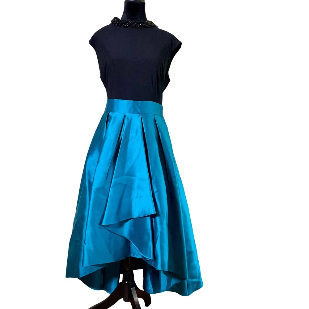 SLNY Teal Black Beaded Neck High Low Gown Dress Formal Sz 14 Gala Wedding Guest
